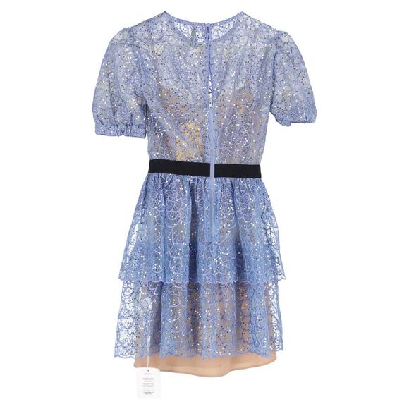 Self-Portrait Sequined Lace Mini Dress in Blue Polyester